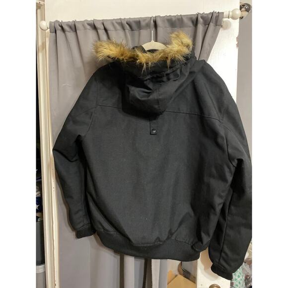 L.O.G.O / H& M WO size large Black hooded faux fur quilted coat multi pockets - Picture 11 of 14